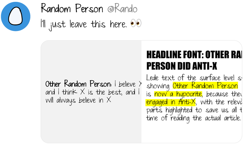 A mock-up of a tweet showing one person calling out another person by citing messages from their past