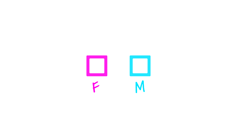 Two boxes, side-by-side. One pink with an "F" underneath, the other blue with an "M" underneath
