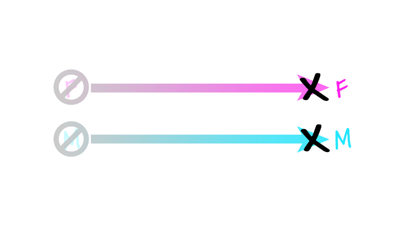 Two scales, or arrows going from "Not F" to "F" and "Not M" to "M", with X's plotted at the "100%" side of both