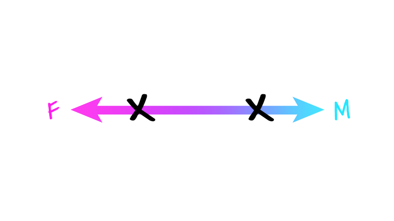 The "F" to "M" spectrum with two X's plotted more toward the middle, not at the extreme ends